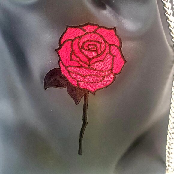 NEWER Faux Leather Black Bucket Crossbody Bag Silver Chain Embroidered Rose - Picture 2 of 13